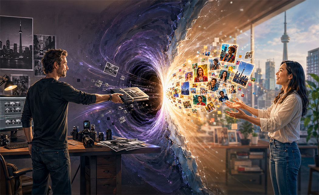 A photographer sends a finished portrait archive through a luminous digital portal to a client